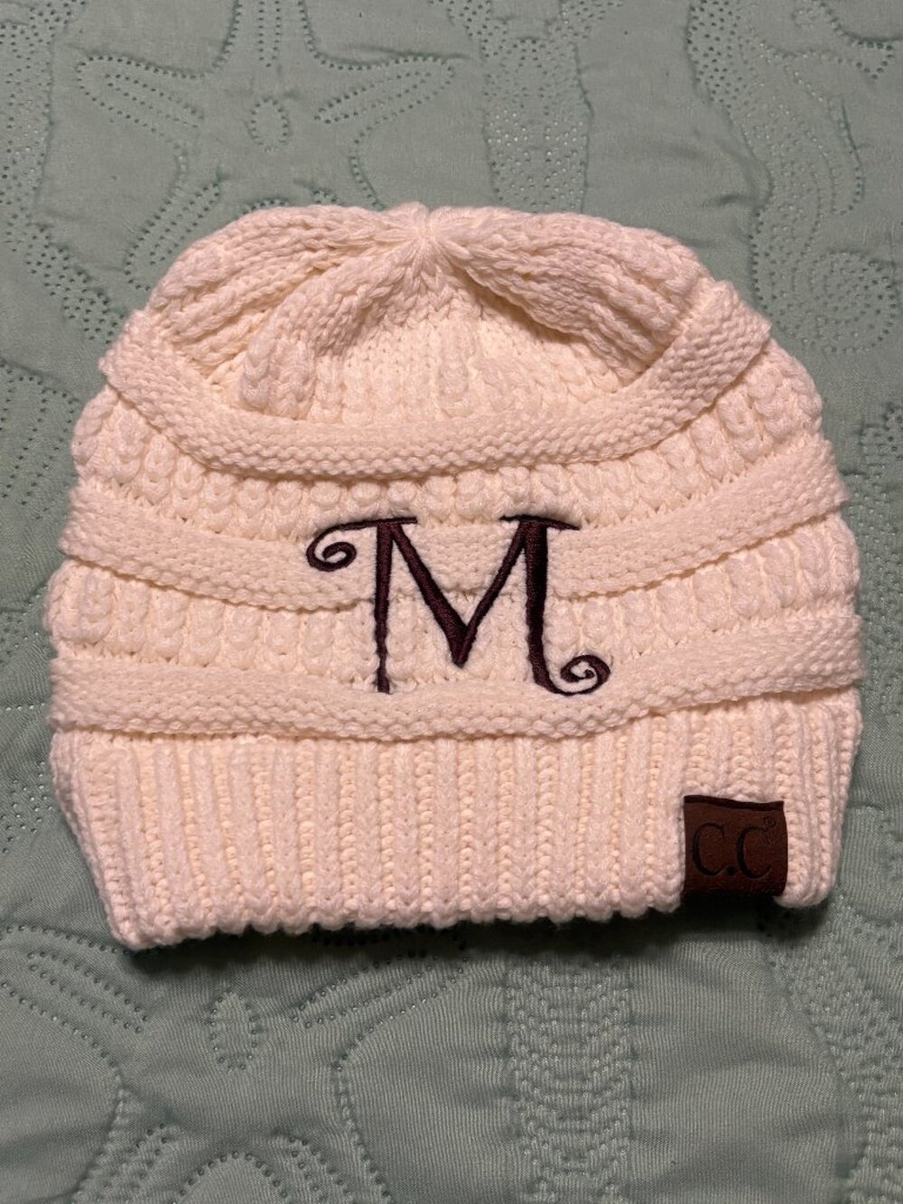 C.C Girlie Girl Originals Cable Knit Beanie Brown Monogrammed M Super Nice
